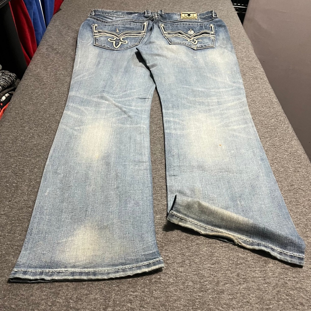 Rock Revival Dobson Bootcut Jeans Mens 38 Distressed Blue Heavy Stitch Fleur Lis
